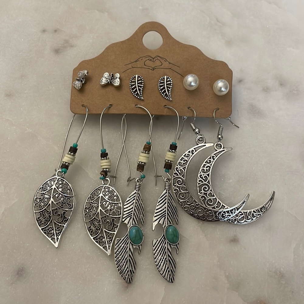 Feather, moon, and butterfly earring set 🌿